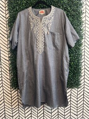 Embroidered Henley Tunic — Gray with Cream Accents with matching pants